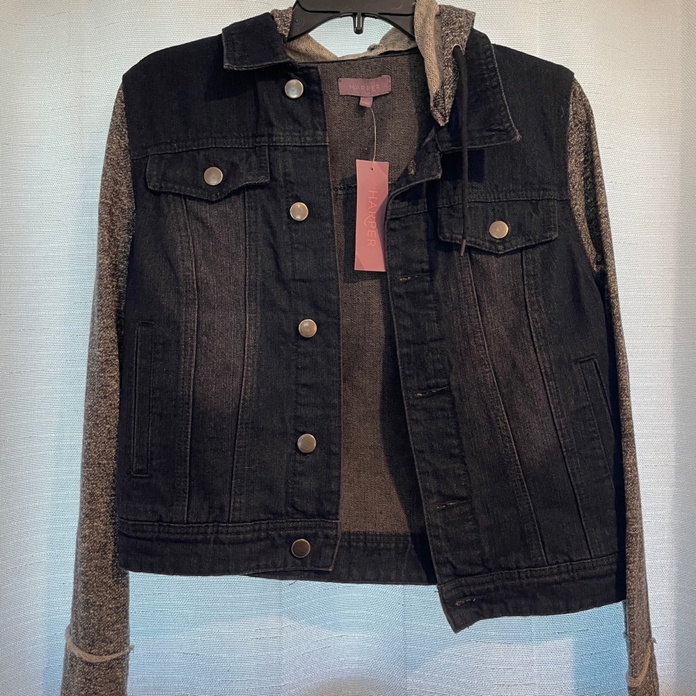 with tags jean jacket with sweatshirt sleeves